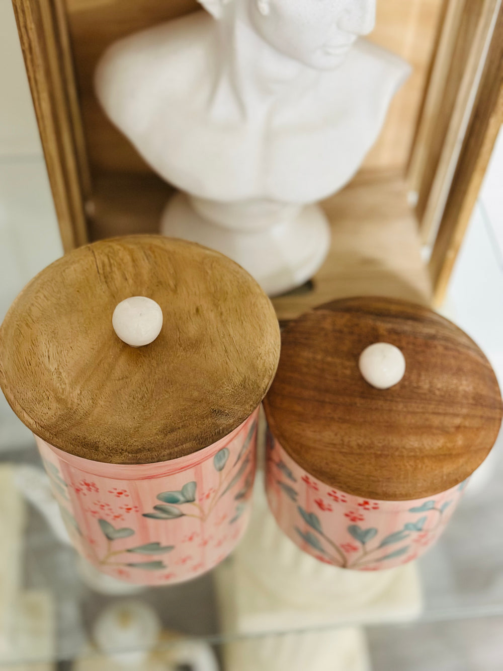 Peony Canister W Wooden Lid Storage Jar Floral ~ Hand Painted Kitchen Farmhouse Home Decor Set Of 2