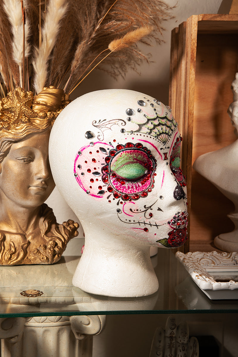 Handmade - OOAK - Mannequin Foam Head - Rhinestone - Dia De Los Muertos - Home Decor - Zombie - House Warming Gift