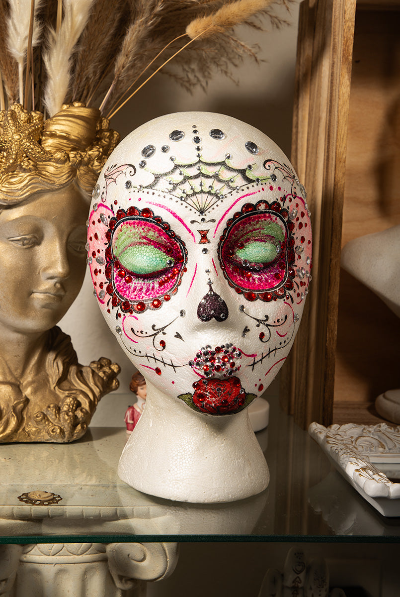 Handmade - OOAK - Mannequin Foam Head - Rhinestone - Dia De Los Muertos - Home Decor - Zombie - House Warming Gift