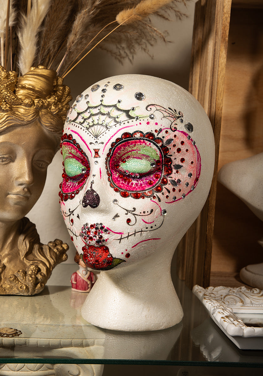 Handmade - OOAK - Mannequin Foam Head - Rhinestone - Dia De Los Muertos - Home Decor - Zombie - House Warming Gift