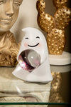 Happy Marshmallow Ghost Figurine w Pink Glitter Crystal Glass Ball