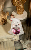Happy Marshmallow Ghost Figurine w Pink Glitter Crystal Glass Ball