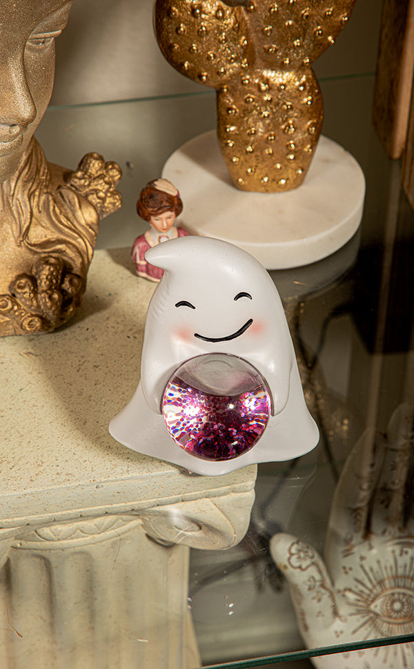 Happy Marshmallow Ghost Figurine w Pink Glitter Crystal Glass Ball