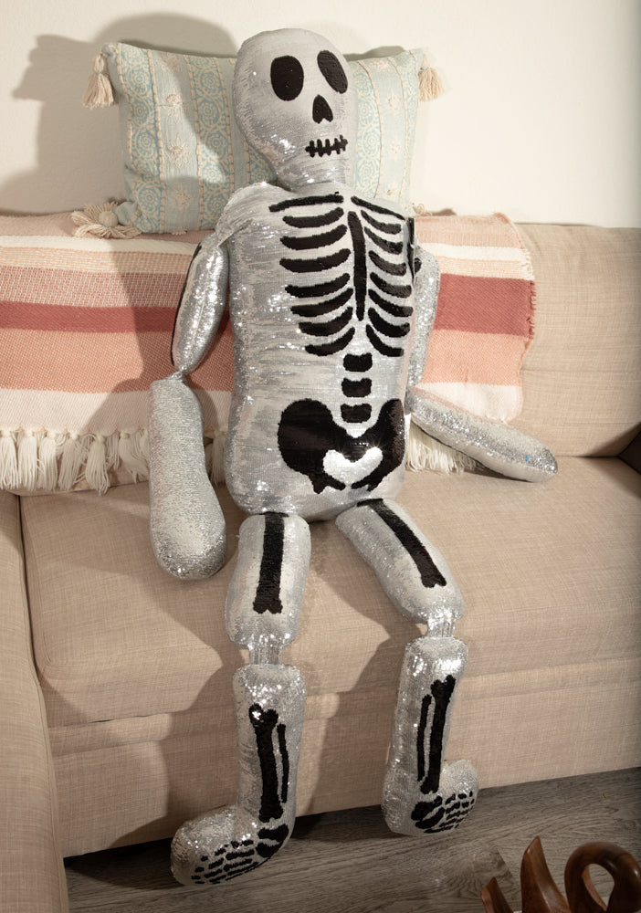 Giant 5 Feet Life Size Sequin Skeleton Skull Plush Toy Body Pillow Home Decor