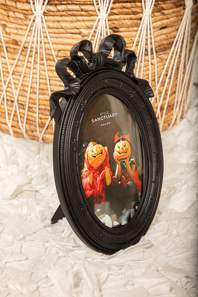Gothic Victorian Black Oval Picture Frame w Large Bow and Ribbon
