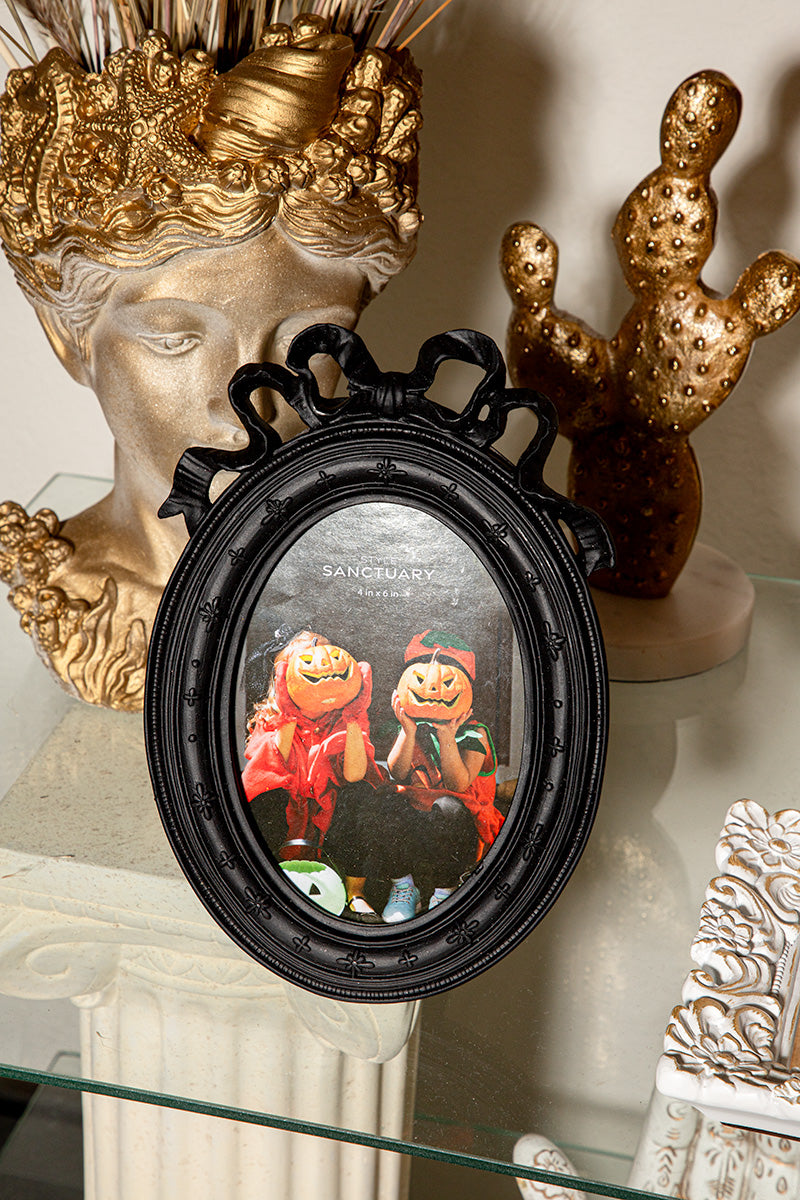 Gothic Victorian Black Oval Picture Frame w Large Bow and Ribbon