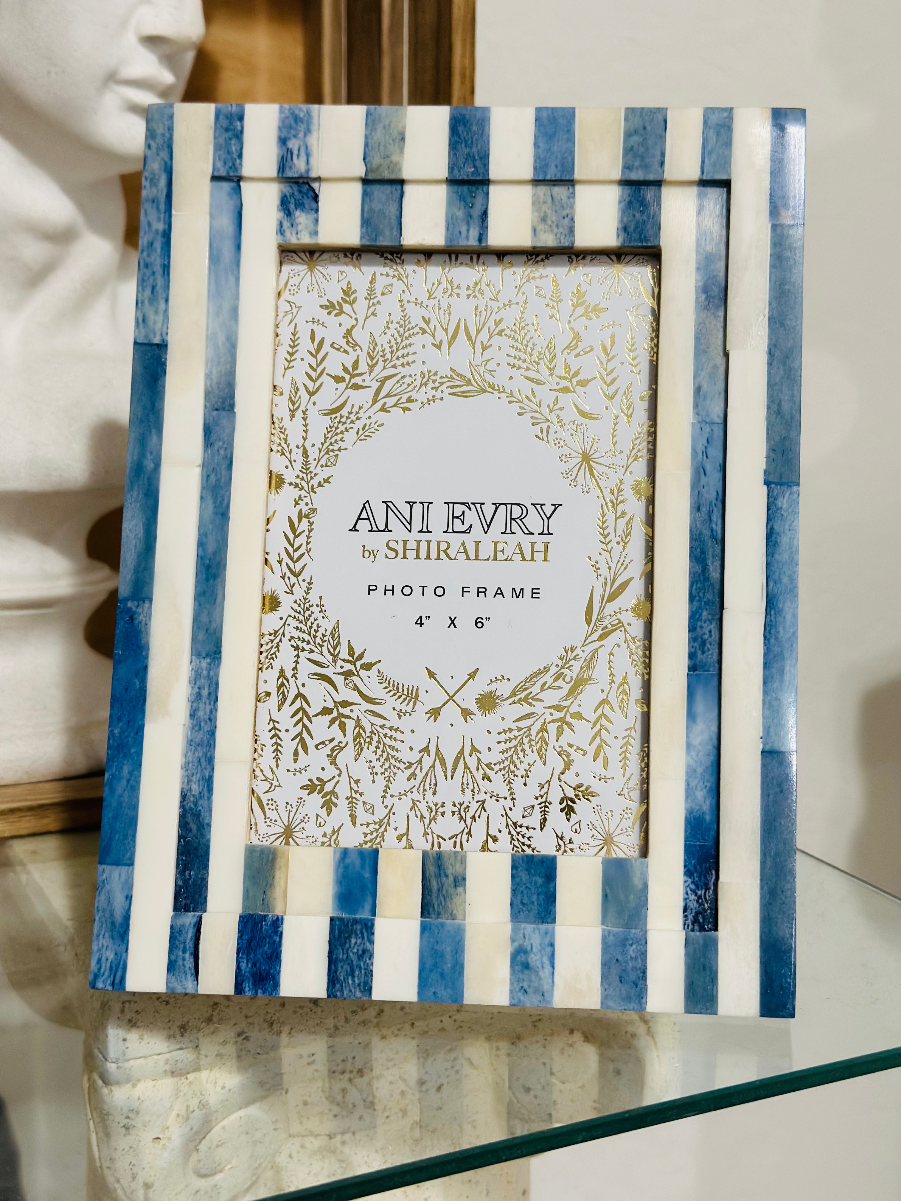 Blue and white striped bone inlay picture frame, Portofino vintage coastal decor.