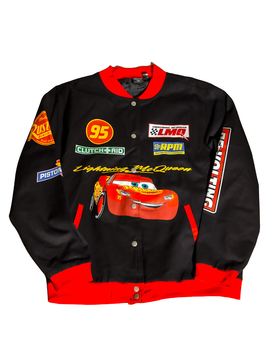 disney lightning mcqueen women’s varsity jacket black red racing vintage pixar collectible