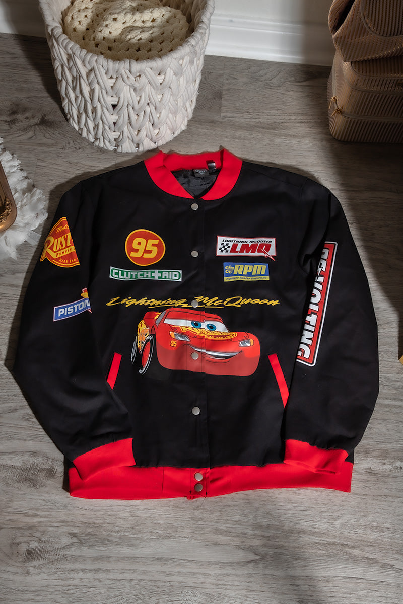 disney lightning mcqueen women’s varsity jacket black red racing vintage pixar collectible