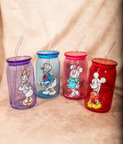 Set of four Disney glass tumblers with retro Mickey and Friends sketch designs.
