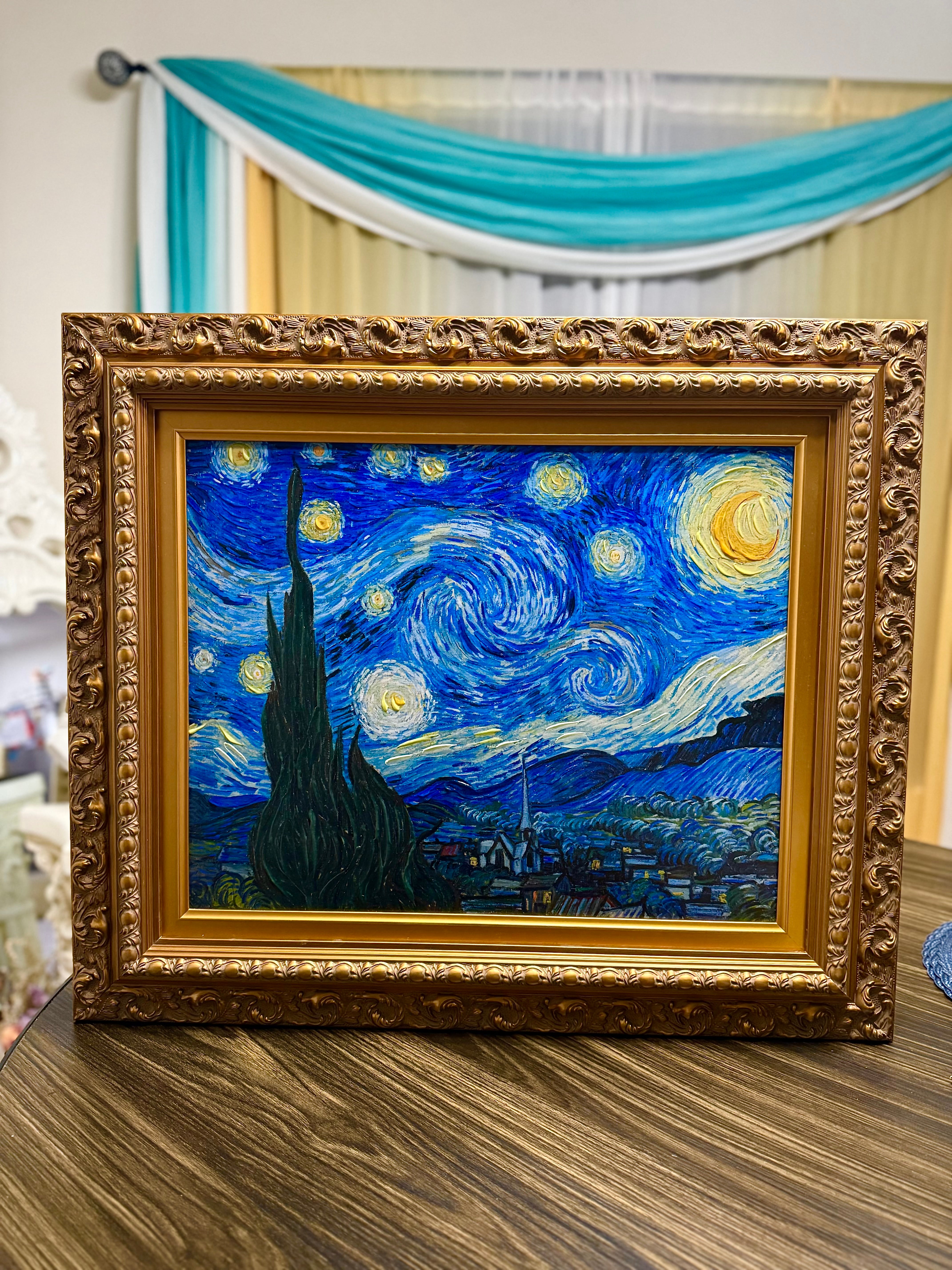 Framed Starry Night wall art with textured canvas brushstrokes in ornate gold frame, Van Gogh reproduction ready to hang.