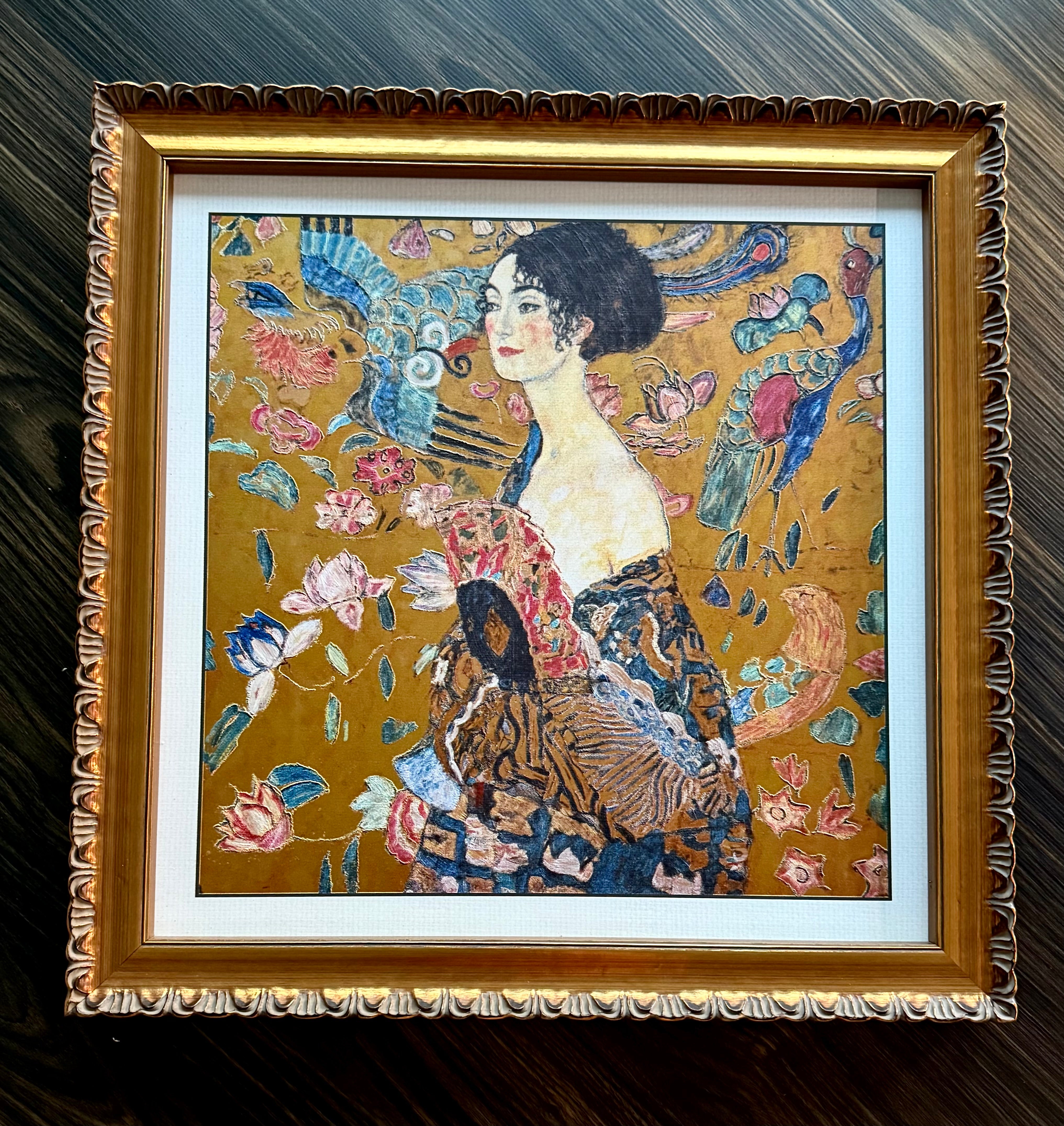 Gustav Klimt Lady with a Fan framed reproduction with raised texture, jewel tones, and ornate gold frame wall art.