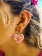 pink acrylic heart donut earrings with frosting detail cute cosplay and kawaii inspired jewelry