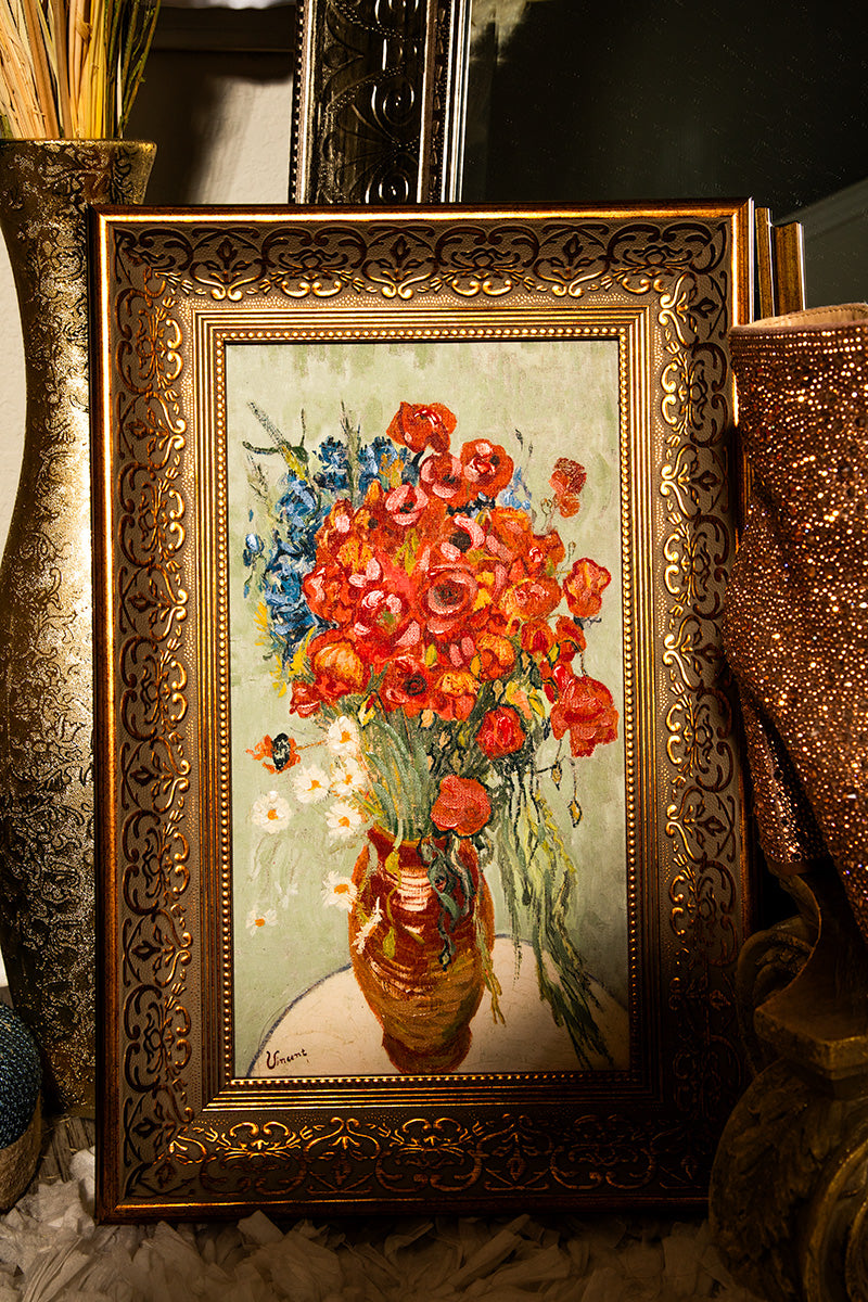 Oil painting print of Vincent Van Gogh’s poppies and daisies in a jar, vibrant floral art for classic decor.