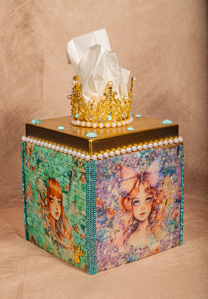 Decorative tissue box with gold crown and rococo fantasy queen artwork