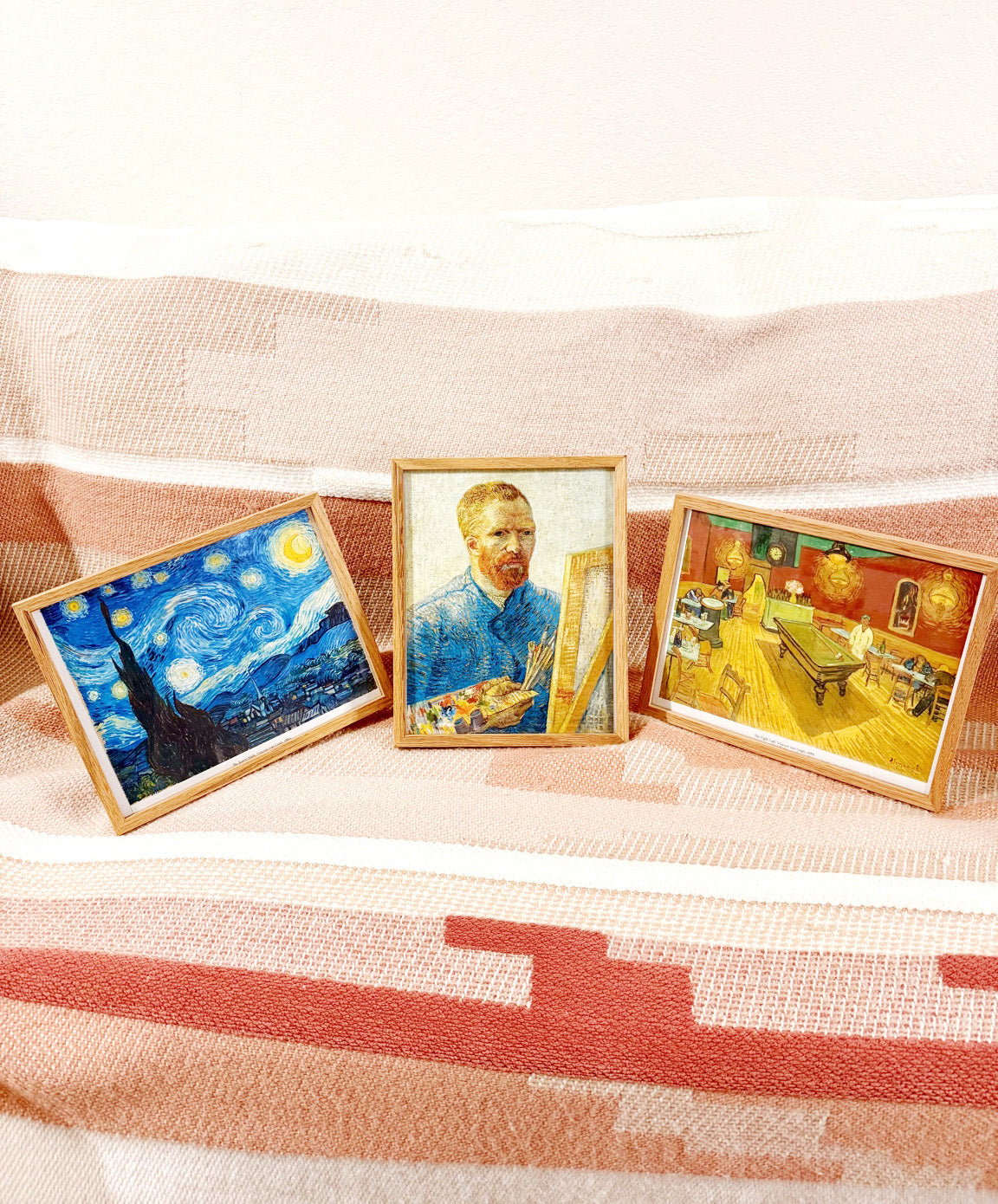 Trio of framed Van Gogh print reproductions from vintage art books, ideal for wall decor.
