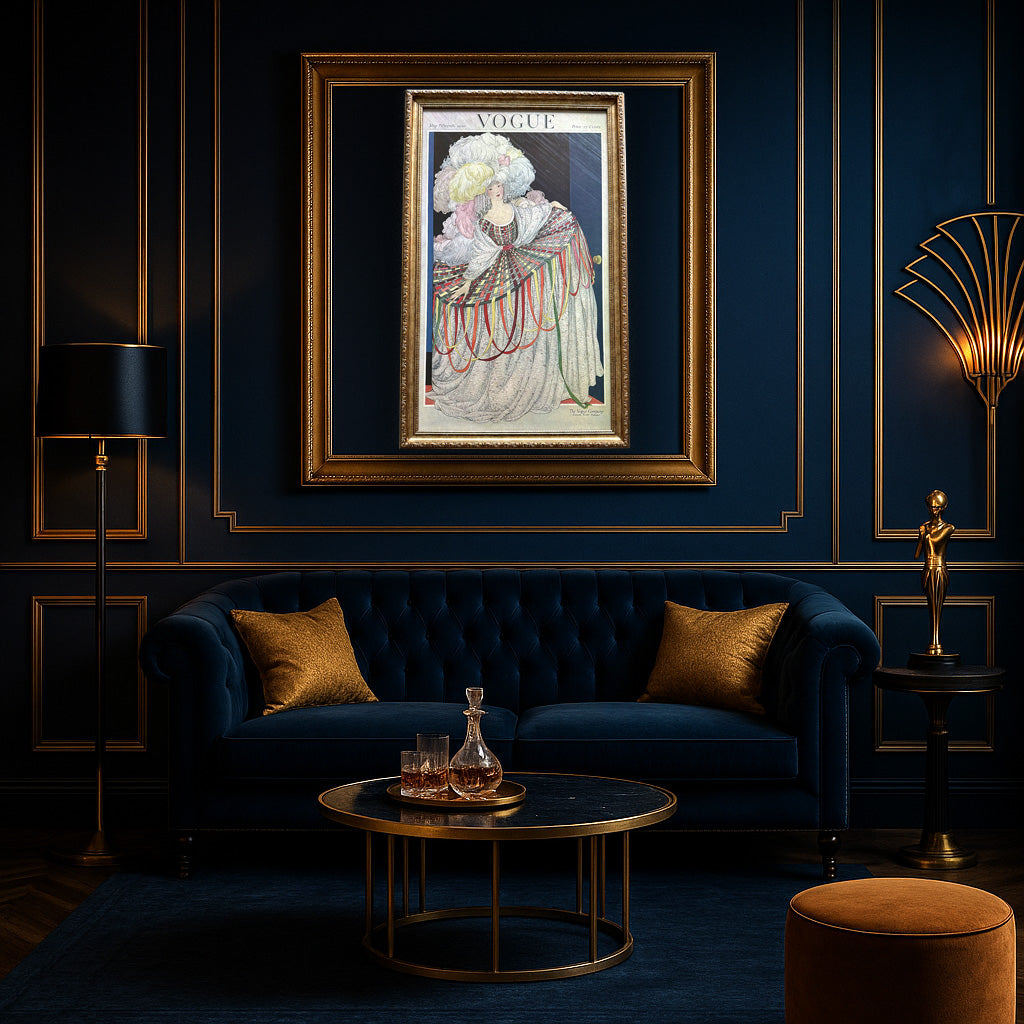 Luxurious living room with a blue sofa, gold accents, and a framed Vogue poster.