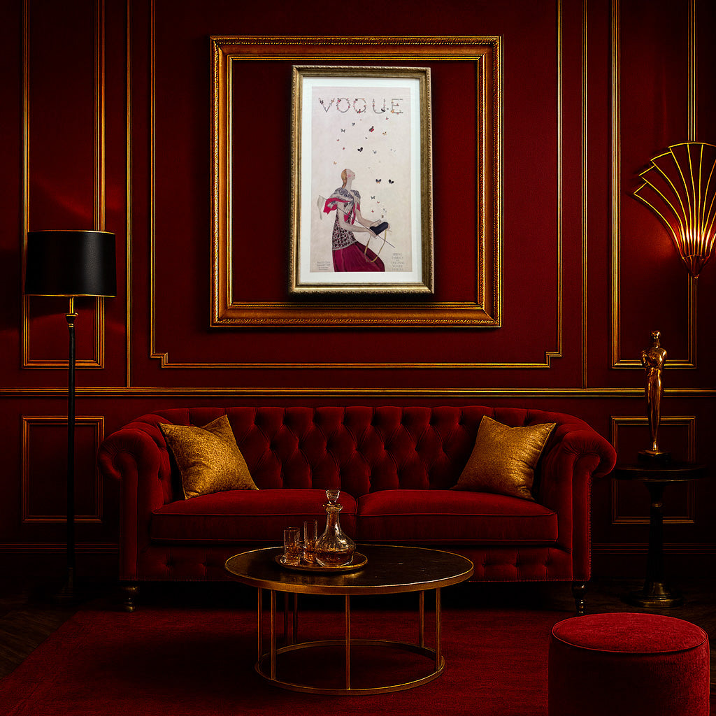 Luxurious living room with red walls, a red sofa, and a framed Vogue magazine.