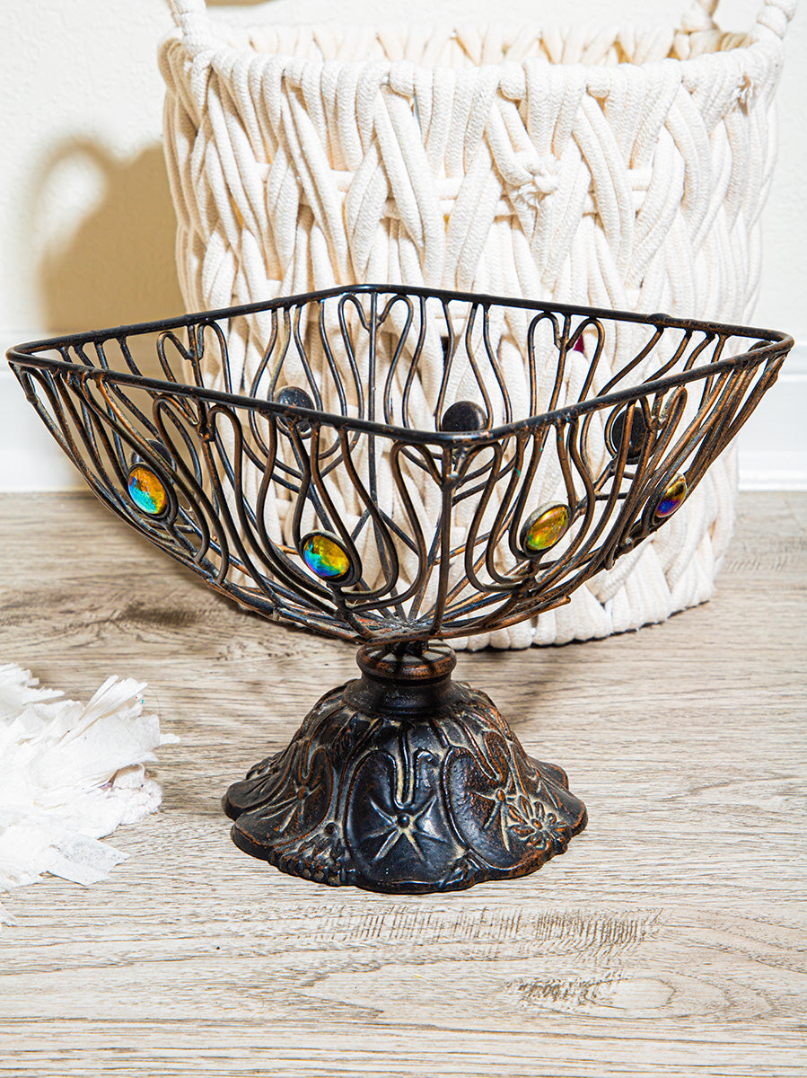 Vintage bronze wire fruit basket with rhinestone trim, antique metal stand for kitchen or table decor.
