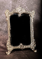 Silver ornate Baroque tabletop mirror, vintage vanity home decor.