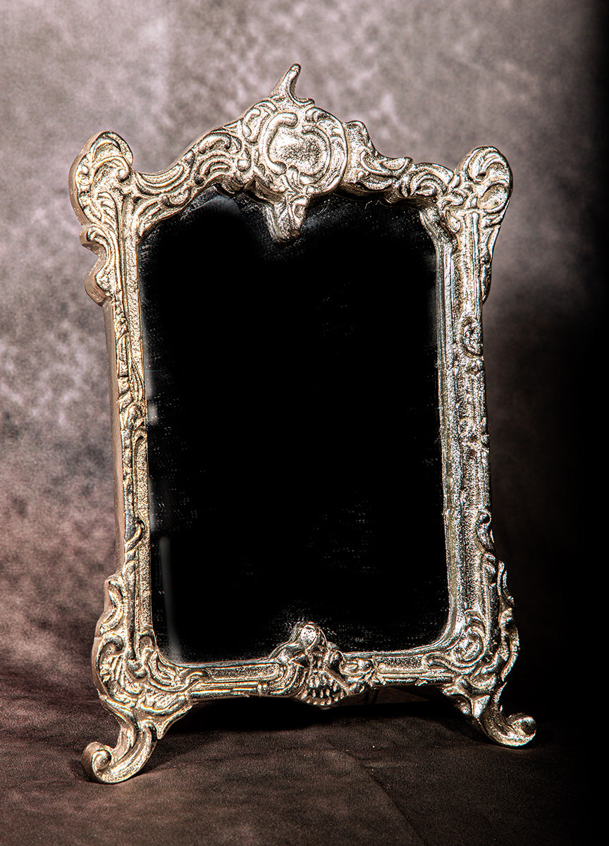 Silver ornate Baroque tabletop mirror, vintage vanity home decor.