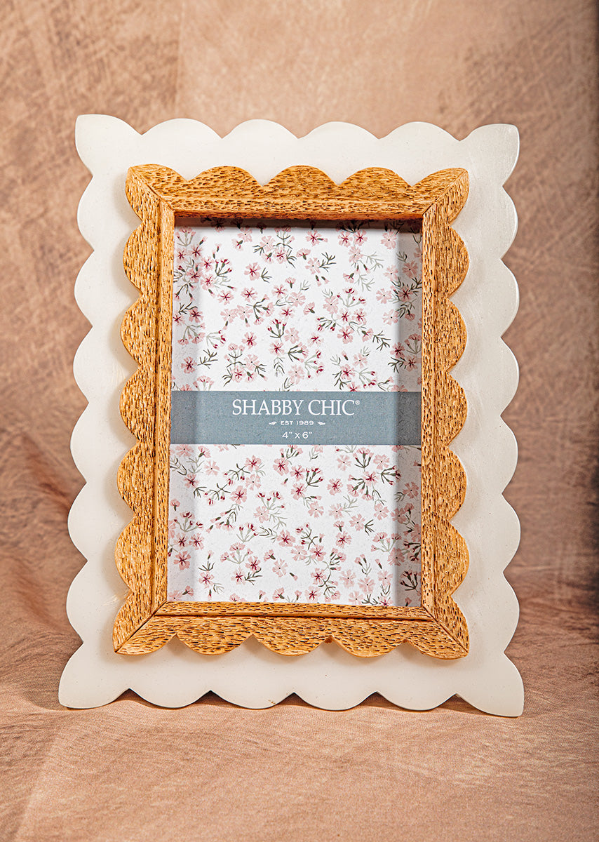 White rectangular picture frame with black bow, shabby chic vintage home accent.