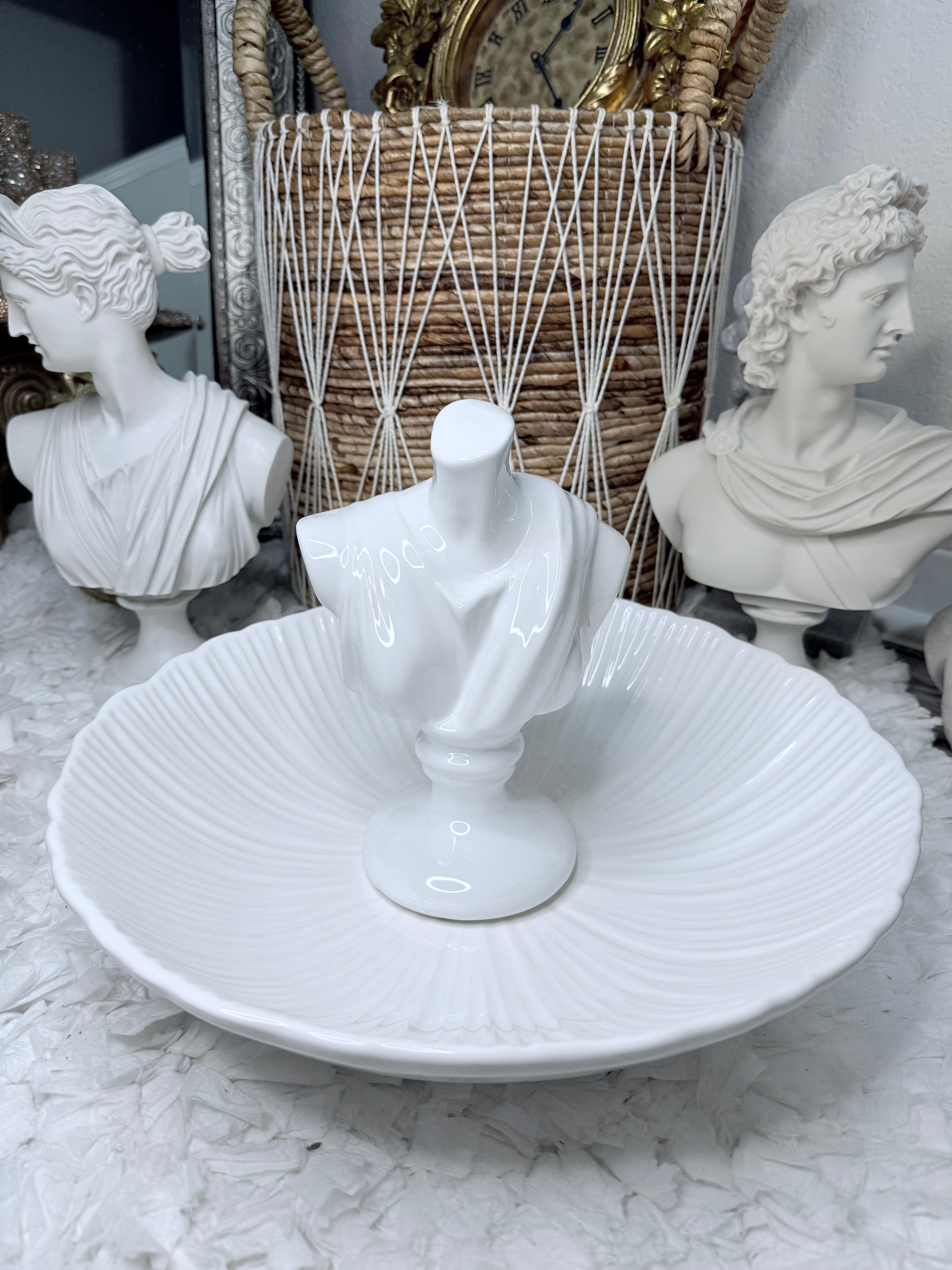 White ceramic bowl with Greek torso bust design, made in Portugal, inspired by ancient mythology.