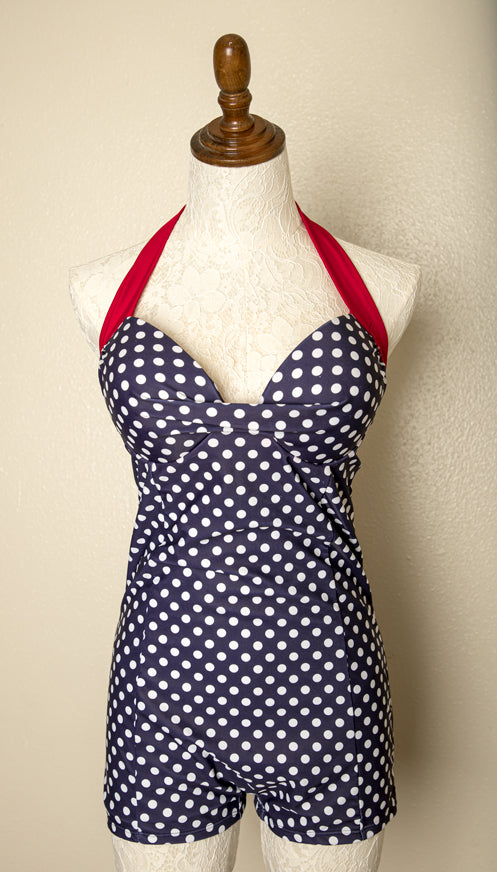 Vintage - Navy & White Polka Dot Retro Vintage Swimsuit Short Padded Cups Rockabilly XL