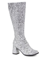silver glitter go go boots with zipper and 3 inch heel for disco or space barbie costume