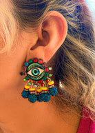 Colorful evil eye rhinestone dangling earrings symbolic protection jewelry.