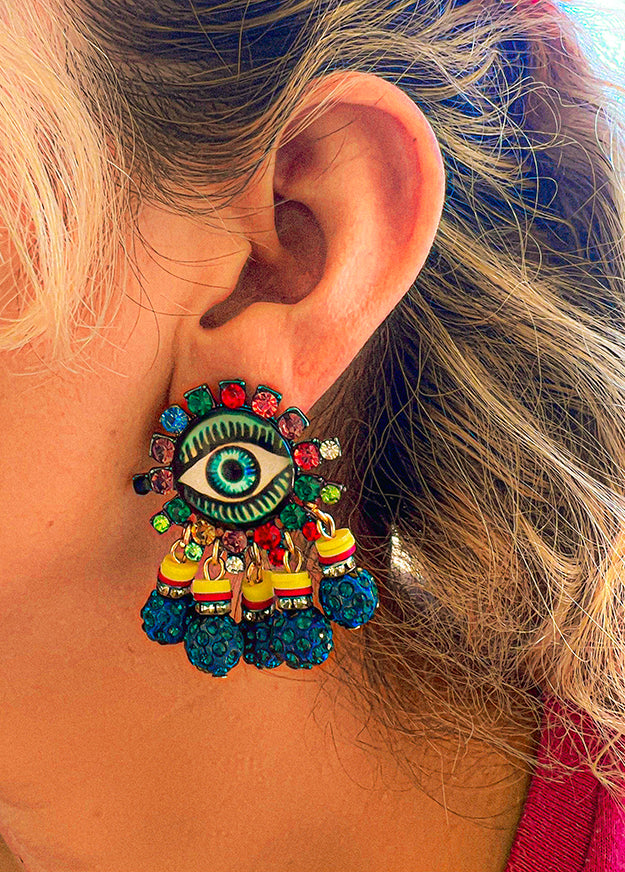Colorful evil eye rhinestone dangling earrings symbolic protection jewelry.