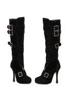 black microfiber knee high boots with silver buckles for cruella pirate or gothic halloween costume