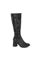 black glitter gogo boots with zipper and block heel