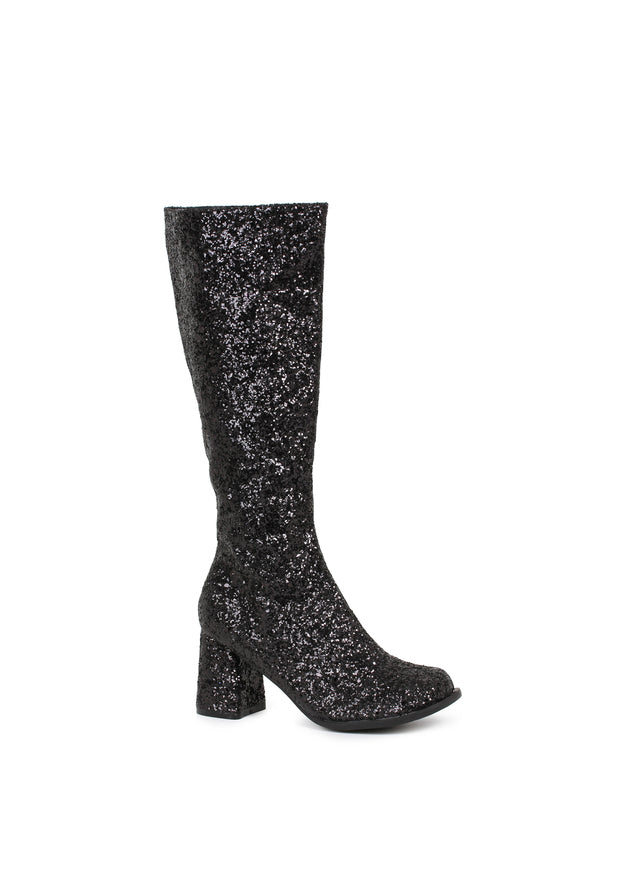 black glitter gogo boots with zipper and block heel
