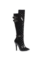 black high heel knee boots with silver buckle straps and pointed toe