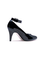 black shiny ankle strap pumps with mid heel for cruella or barbie costume