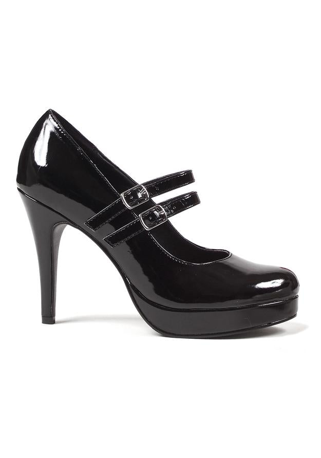 black double strap mary jane heels with 4 inch heel and patent finish for gothic or retro wear