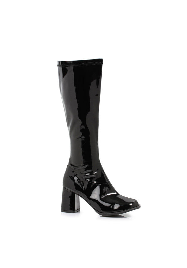 black patent gogo boots with 3 inch heel and zipper for mod dance or retro costume looks