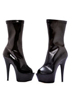 black glossy peep toe calf boots with tall stiletto heel and platform