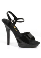black platform heels with ankle strap and high gloss finish for cabaret or stage performance