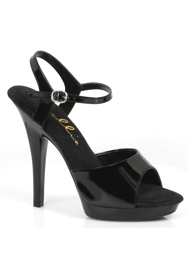 black platform heels with ankle strap and high gloss finish for cabaret or stage performance