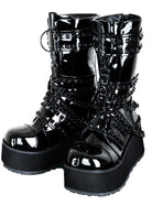 Black patent leather platform boots with pyramid studs for goth rave cosplay and alternative fashion looks