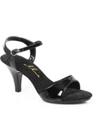 black patent ankle-strap sandals with 3 inch heel for vintage or halloween looks