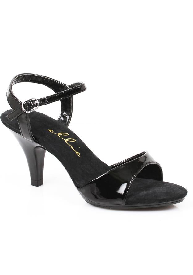 black patent ankle-strap sandals with 3 inch heel for vintage or halloween looks