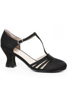 black satin ballroom dance shoes with cross straps and mid heel