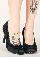 Black satin pumps with velvet bow 4 inch heel gothic vintage women’s fashion footwear
