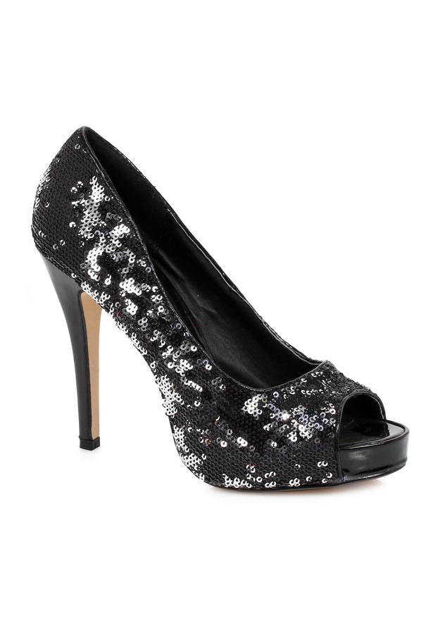 black sequin open toe pumps with 4 inch heel for halloween party or evening look