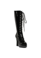 Black stretch vinyl knee boots 5 inch lace up inner zipper gothic retro women’s fashion footwear
