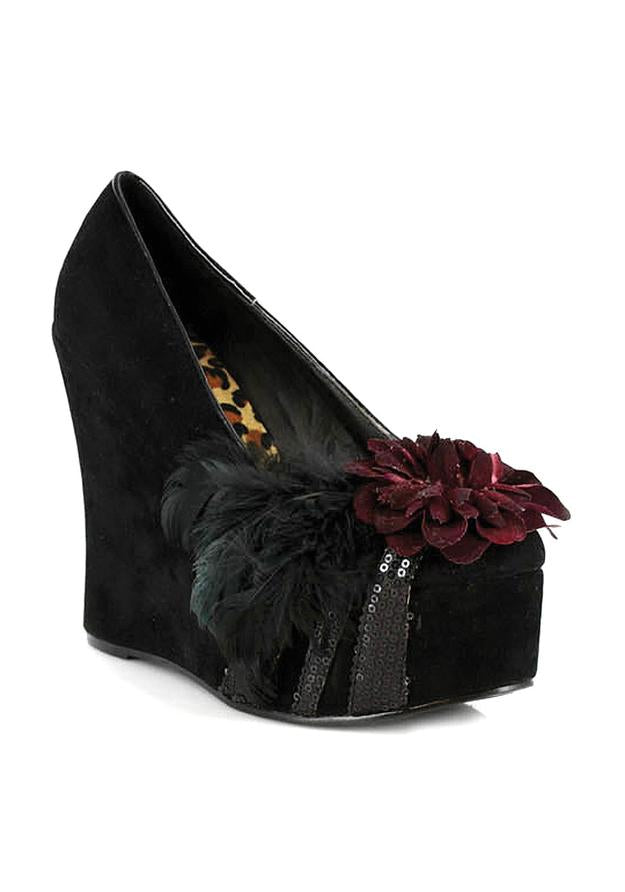 black velvet wedge heels with feather and red flower for gothic or halloween outfits