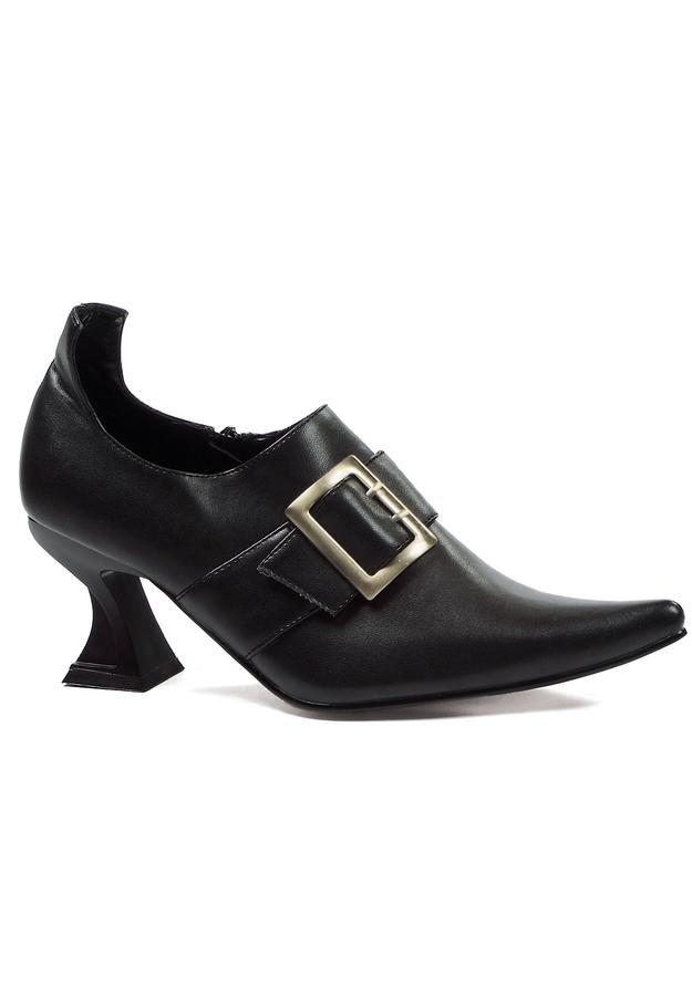 black pointed toe witch shoes with curved heel and buckle for halloween costumes